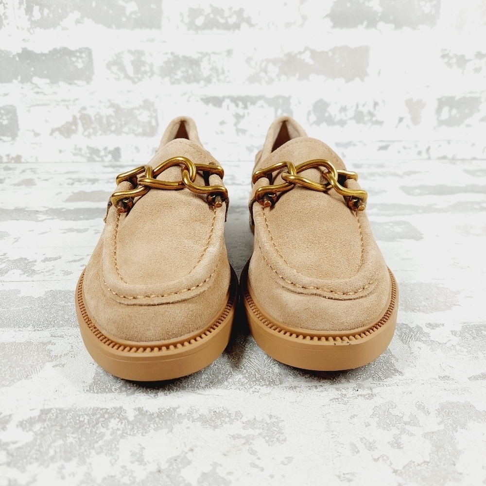 New Steve Madden Karmine Gleaming Tan Suede Goldtone Hardware Loafer W246 - Picture 5 of 9